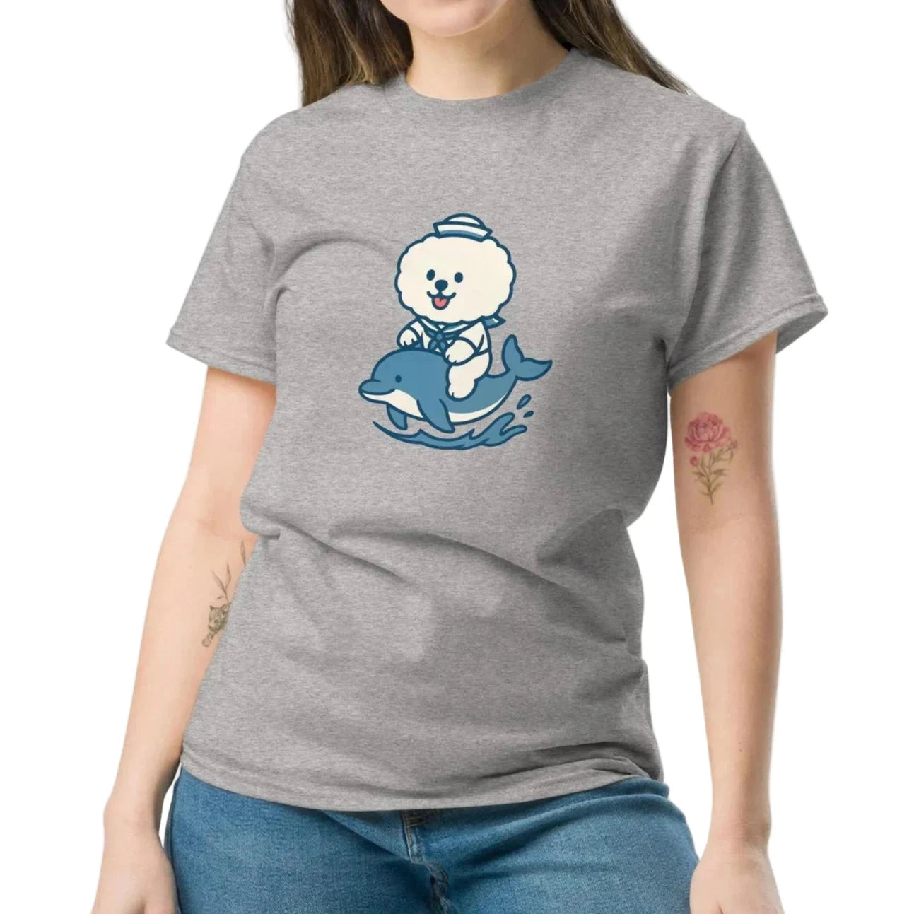 Cute Bichon Frise Sailor Riding Dolphin | Nautical Dog T-Shirt